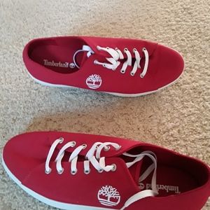 Red Timberland canvas shoes size 11.5